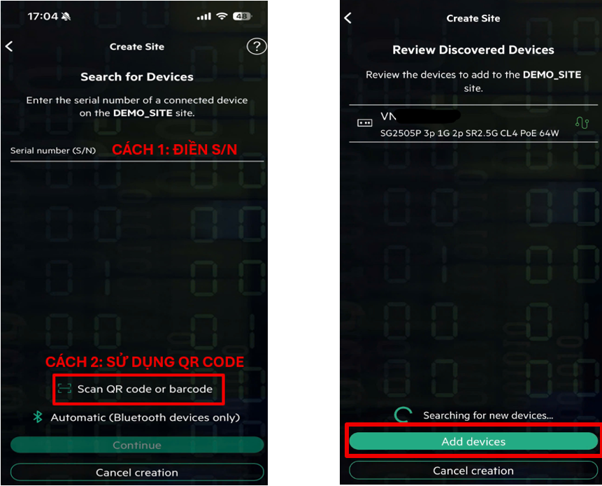 Giao diện add thiết bị bằng QR hoặc Serial trên App