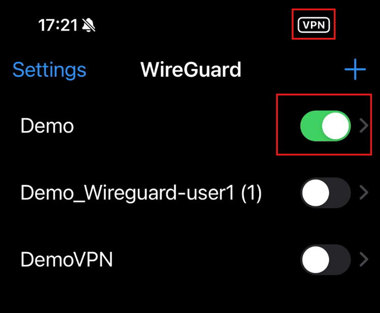 Giao diện kết nối VPN Wireguard gạt xanh lá hoạt động trên smartphone