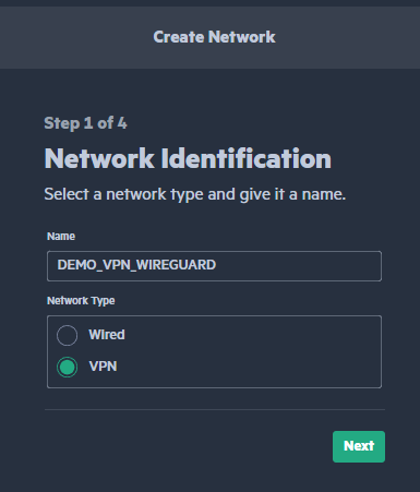 Cấu hình VPN Wireguard trên Aruba Instant On chọn phân loại VPN và đặt tên