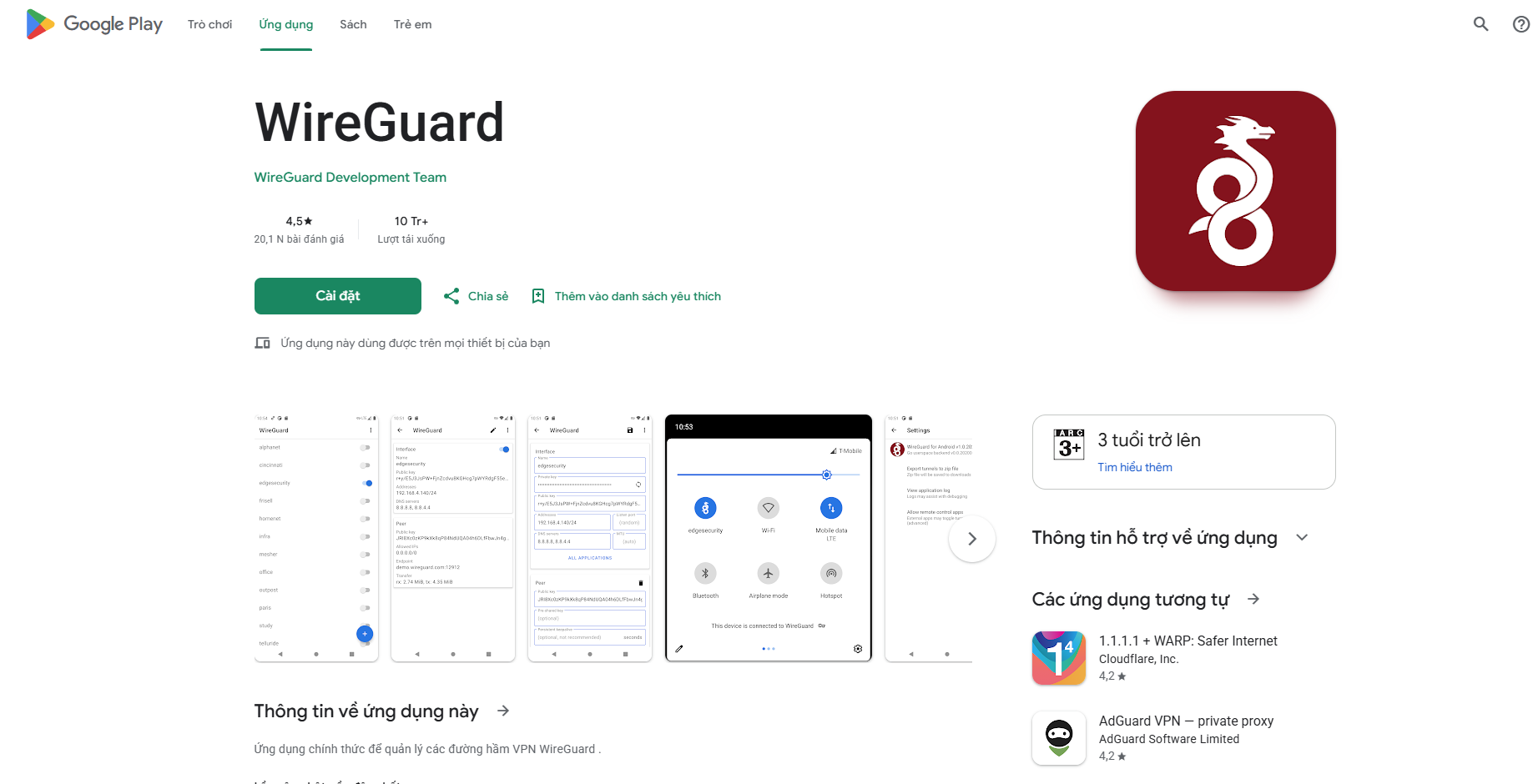 Ứng dụng VPN WireGuard trên kho ứng dụng Google Play Store Android