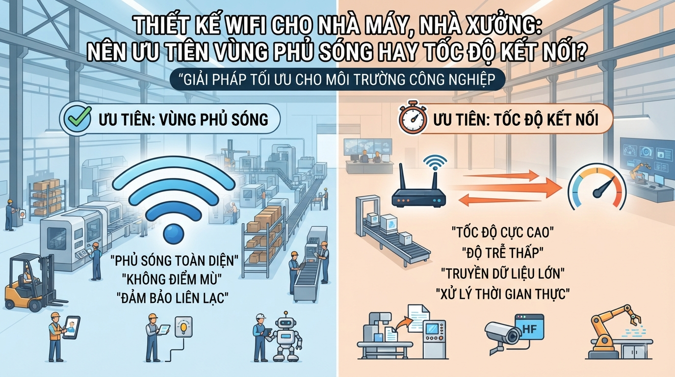 Thiết Kế WiFi Cho Nhà Máy, Nhà Xưởng: Ưu Tiên Vùng Phủ Sóng Hay Tốc Độ Kết Nối?
