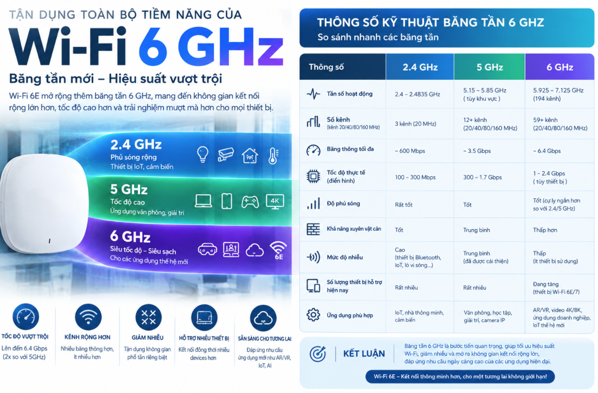 So sánh thông số kỹ thuật các băng tần Wi-Fi 2.4GHz 5GHz và 6GHz