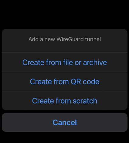 Giao diện tùy chọn quét QR Code hoặc import file conf trên app điện thoại